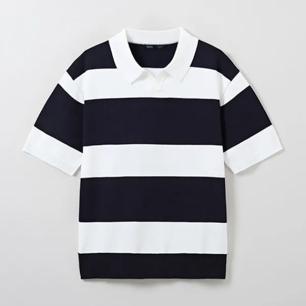 Hoodies L Pullovers-SPAO Men Short Sleeve Stripe Pullover SPKWE25C08 Navy