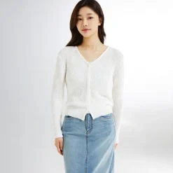 Cardigans L Sweaters-SPAO Women Long Sleeve Hacci Cardigan SPCKE26G10 Ivory