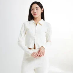 Jackets-SPAO Women Long Sleeve Zip Up Cardigan SPMZE37G02 Cream