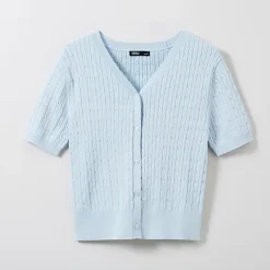 Cardigans L Sweaters-SPAO Women Short Sleeve Cable Cardigan SPCKE25G06 Light Blue