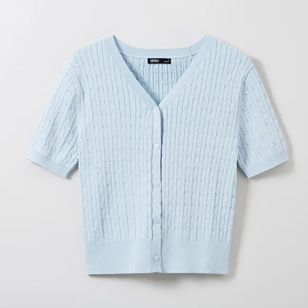 Cardigans L Sweaters-SPAO Women Short Sleeve Cable Cardigan SPCKE25G06 Light Blue