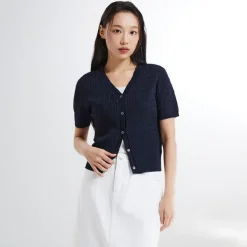 Cardigans L Sweaters-SPAO Women Short Sleeve Cable Cardigan SPCKE25G06 Navy