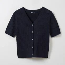 Cardigans L Sweaters-SPAO Women Short Sleeve Cable Cardigan SPCKE25G06 Navy