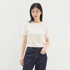 T-Shirt-SPAO Women Short Sleeve Cable Sweater SPKWD25U03