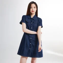 Dresses L Overalls-SPAO Women Short Sleeve Denim Dress SPOJE26G02 Navy