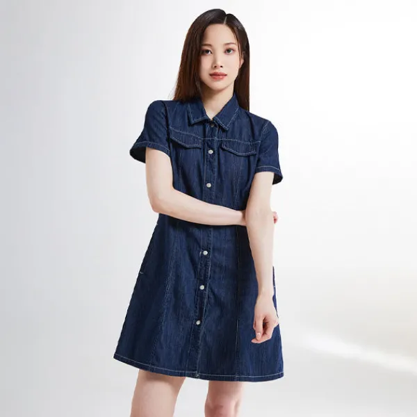 Dresses L Overalls-SPAO Women Short Sleeve Denim Dress SPOJE26G02 Navy