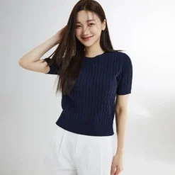 Hoodies L Pullovers-SPAO Women Short Sleeve Pullover SPKWE25G06 Navy