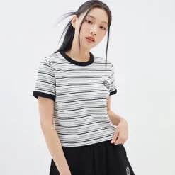 T-Shirt-SPAO Women Short Sleeve Stripe Crop Tee SPRSD25G02